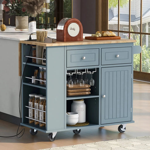 Kitchen Island with Power Outlet,Kitchen Storage Island with Drop Leaf and Rubber Wood,Open Storage and Wine Rack,5 Wheels,with Adjustable Storage for Home, Kitchen, and Dining Room, Grey Blue Default -DTYStore