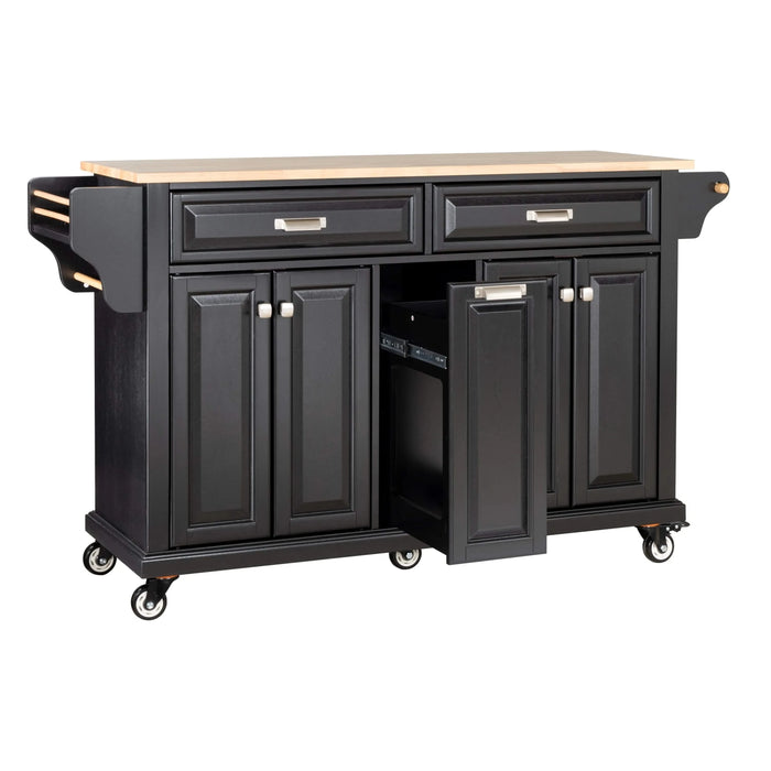 Kitchen Island with Rubber wood Countertop, Kitchen Cart on 5 Wheels with Storage Cabinet and 2 Top Drawers and A center double layered storage drawer for Dinning Room, Black Default -DTYStore