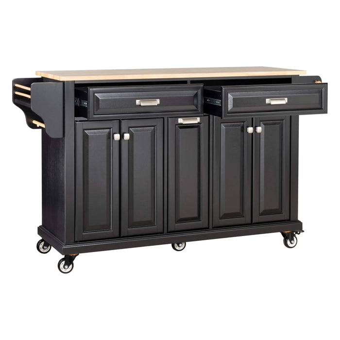 Kitchen Island with Rubber wood Countertop, Kitchen Cart on 5 Wheels with Storage Cabinet and 2 Top Drawers and A center double layered storage drawer for Dinning Room, Black Default -DTYStore