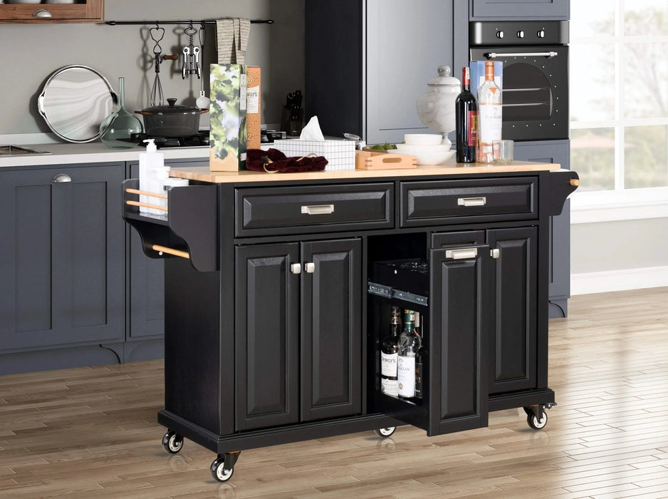 Kitchen Island with Rubber wood Countertop, Kitchen Cart on 5 Wheels with Storage Cabinet and 2 Top Drawers and A center double layered storage drawer for Dinning Room, Black Default -DTYStore