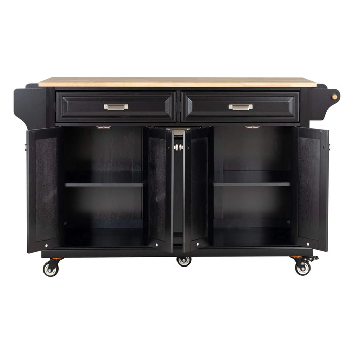 Kitchen Island with Rubber wood Countertop, Kitchen Cart on 5 Wheels with Storage Cabinet and 2 Top Drawers and A center double layered storage drawer for Dinning Room, Black Default -DTYStore