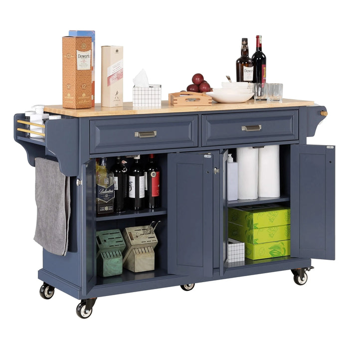 Kitchen Island with Rubber wood Countertop, Kitchen Cart on 5 Wheels with Storage Cabinet and 2 Top Drawers and A center double layered storage drawer for Dinning Room, Blue Default -DTYStore