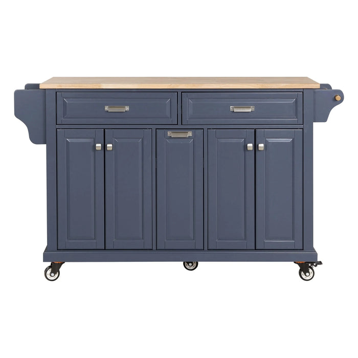 Kitchen Island with Rubber wood Countertop, Kitchen Cart on 5 Wheels with Storage Cabinet and 2 Top Drawers and A center double layered storage drawer for Dinning Room, Blue Default -DTYStore