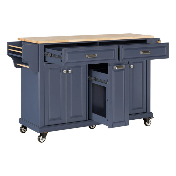 Kitchen Island with Rubber wood Countertop, Kitchen Cart on 5 Wheels with Storage Cabinet and 2 Top Drawers and A center double layered storage drawer for Dinning Room, Blue Default -DTYStore