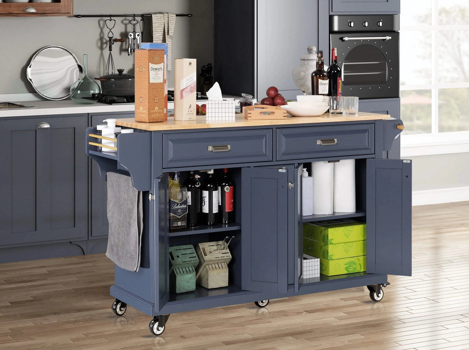 Kitchen Island with Rubber wood Countertop, Kitchen Cart on 5 Wheels with Storage Cabinet and 2 Top Drawers and A center double layered storage drawer for Dinning Room, Blue Default -DTYStore