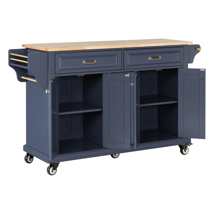 Kitchen Island with Rubber wood Countertop, Kitchen Cart on 5 Wheels with Storage Cabinet and 2 Top Drawers and A center double layered storage drawer for Dinning Room, Blue Default -DTYStore