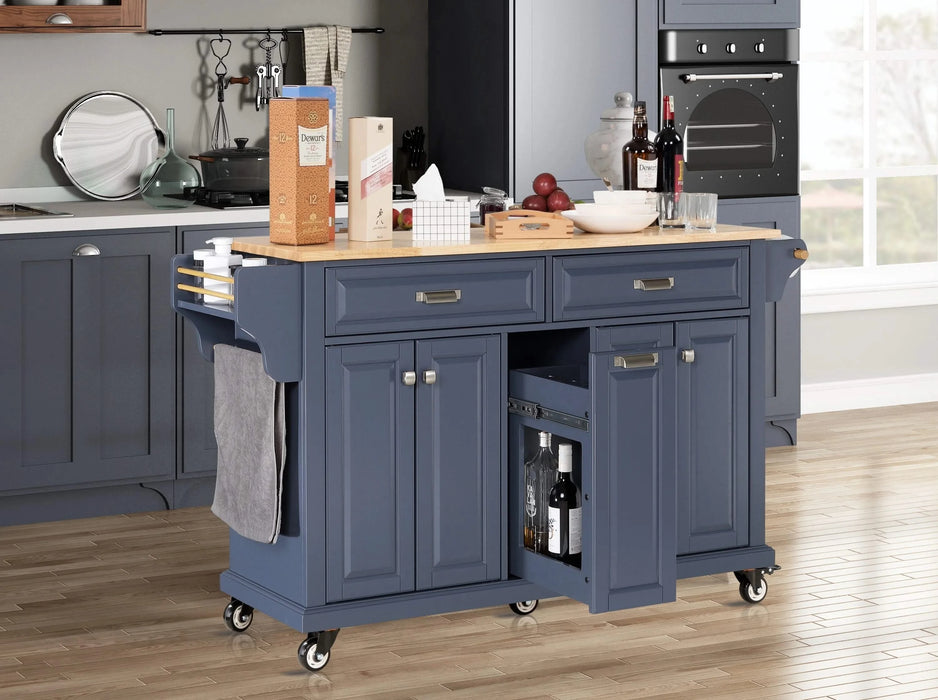Kitchen Island with Rubber wood Countertop, Kitchen Cart on 5 Wheels with Storage Cabinet and 2 Top Drawers and A center double layered storage drawer for Dinning Room, Blue Default -DTYStore
