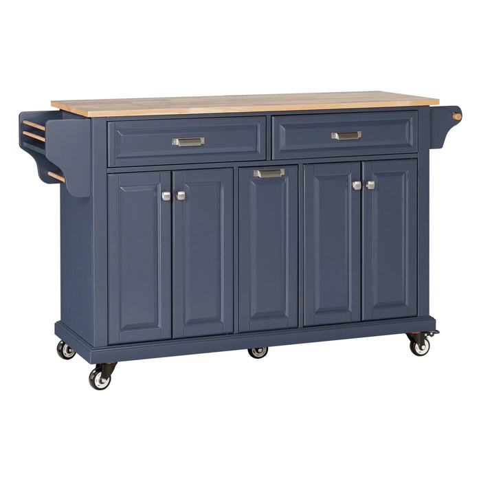 Kitchen Island with Rubber wood Countertop, Kitchen Cart on 5 Wheels with Storage Cabinet and 2 Top Drawers and A center double layered storage drawer for Dinning Room, Blue Default -DTYStore