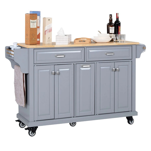 Kitchen Island with Rubber wood Countertop, Kitchen Cart on 5 Wheels with Storage Cabinet and 2 Top Drawers and A center double layered storage drawer for Dinning Room, Grey Default -DTYStore