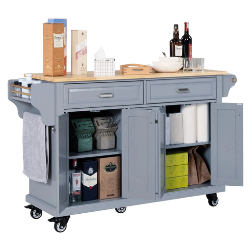Kitchen Island with Rubber wood Countertop, Kitchen Cart on 5 Wheels with Storage Cabinet and 2 Top Drawers and A center double layered storage drawer for Dinning Room, Grey Default -DTYStore