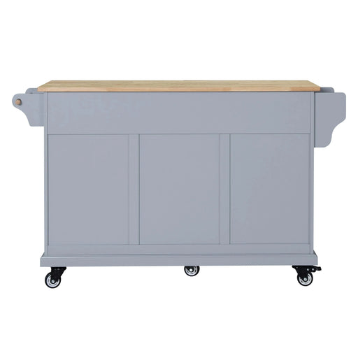 Kitchen Island with Rubber wood Countertop, Kitchen Cart on 5 Wheels with Storage Cabinet and 2 Top Drawers and A center double layered storage drawer for Dinning Room, Grey Default -DTYStore