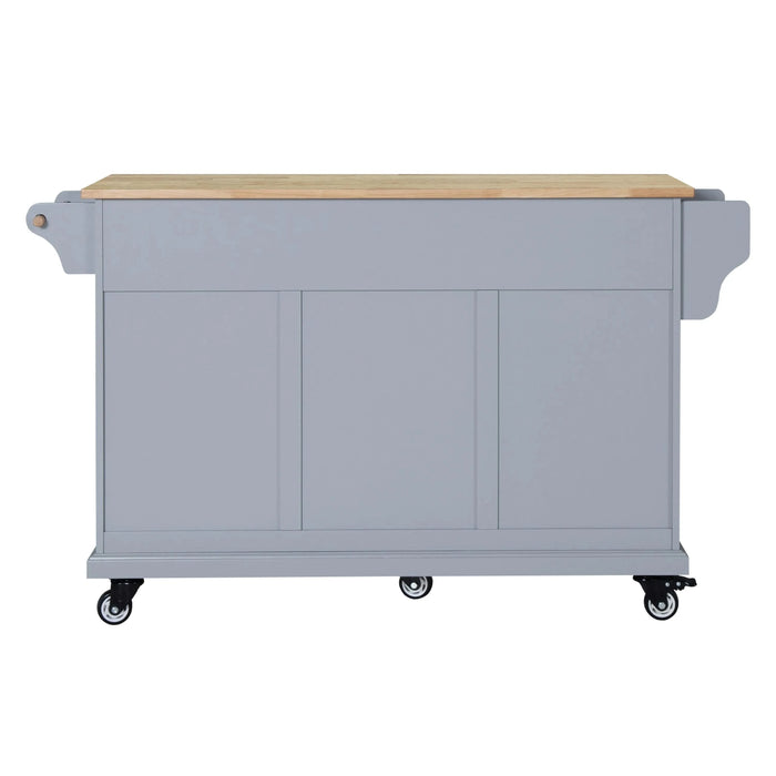 Kitchen Island with Rubber wood Countertop, Kitchen Cart on 5 Wheels with Storage Cabinet and 2 Top Drawers and A center double layered storage drawer for Dinning Room, Grey Default -DTYStore
