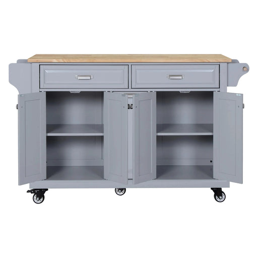 Kitchen Island with Rubber wood Countertop, Kitchen Cart on 5 Wheels with Storage Cabinet and 2 Top Drawers and A center double layered storage drawer for Dinning Room, Grey Default -DTYStore