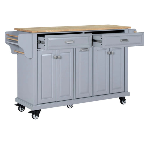Kitchen Island with Rubber wood Countertop, Kitchen Cart on 5 Wheels with Storage Cabinet and 2 Top Drawers and A center double layered storage drawer for Dinning Room, Grey Default -DTYStore