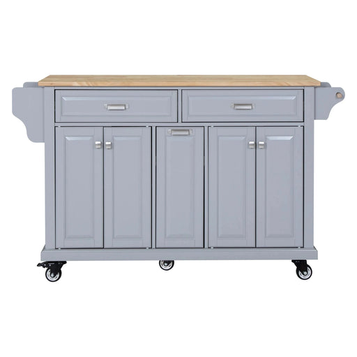 Kitchen Island with Rubber wood Countertop, Kitchen Cart on 5 Wheels with Storage Cabinet and 2 Top Drawers and A center double layered storage drawer for Dinning Room, Grey Default -DTYStore
