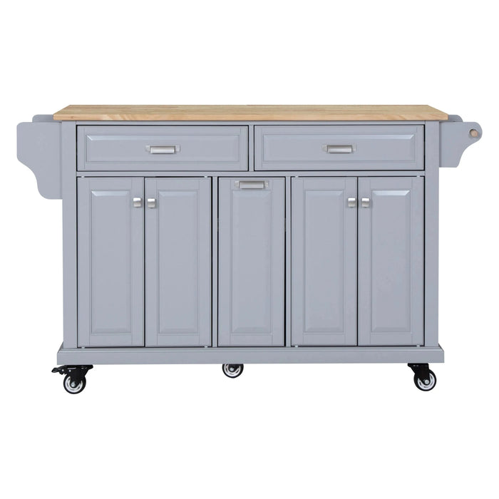 Kitchen Island with Rubber wood Countertop, Kitchen Cart on 5 Wheels with Storage Cabinet and 2 Top Drawers and A center double layered storage drawer for Dinning Room, Grey Default -DTYStore