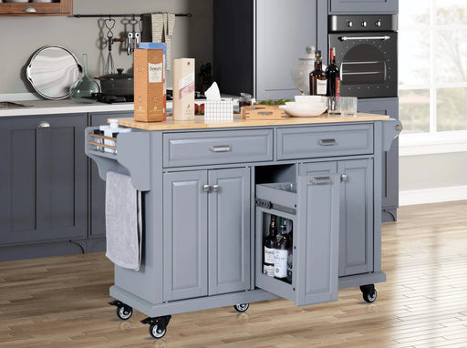 Kitchen Island with Rubber wood Countertop, Kitchen Cart on 5 Wheels with Storage Cabinet and 2 Top Drawers and A center double layered storage drawer for Dinning Room, Grey Default -DTYStore