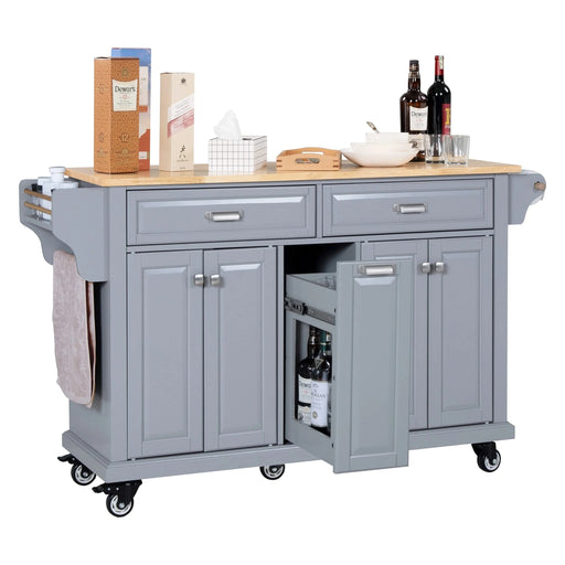 Kitchen Island with Rubber wood Countertop, Kitchen Cart on 5 Wheels with Storage Cabinet and 2 Top Drawers and A center double layered storage drawer for Dinning Room, Grey Default -DTYStore