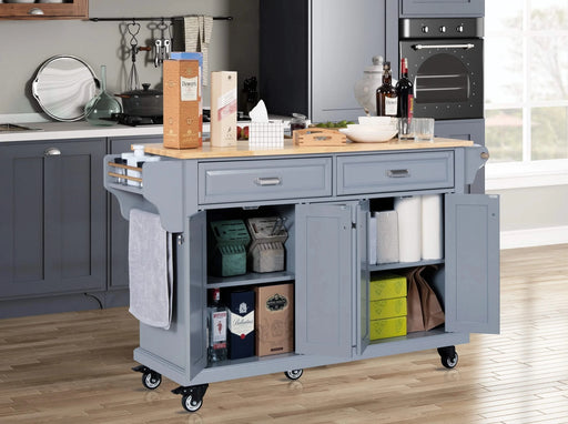 Kitchen Island with Rubber wood Countertop, Kitchen Cart on 5 Wheels with Storage Cabinet and 2 Top Drawers and A center double layered storage drawer for Dinning Room, Grey Default -DTYStore