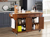 Kitchen Island with Rubber wood Countertop, Kitchen Cart on 5 Wheels with Storage Cabinet and 2 Top Drawers and A center double layered storage drawer for Dinning Room, Mahogany Default -DTYStore