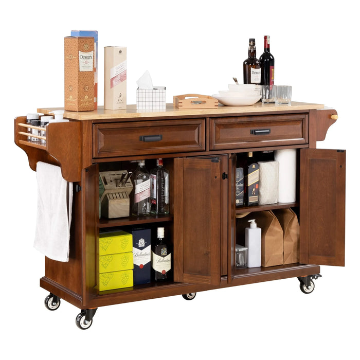 Kitchen Island with Rubber wood Countertop, Kitchen Cart on 5 Wheels with Storage Cabinet and 2 Top Drawers and A center double layered storage drawer for Dinning Room, Mahogany Default -DTYStore
