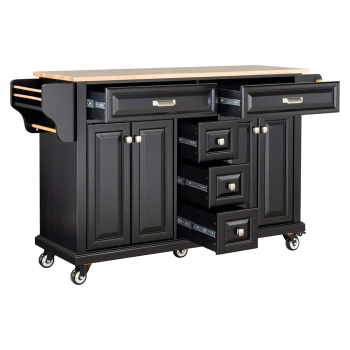 Kitchen Island with Rubber wood Countertop, Kitchen Cart on 5 Wheels with Storage Cabinet and 5 Drawers for Dinning Room, Black Default -DTYStore