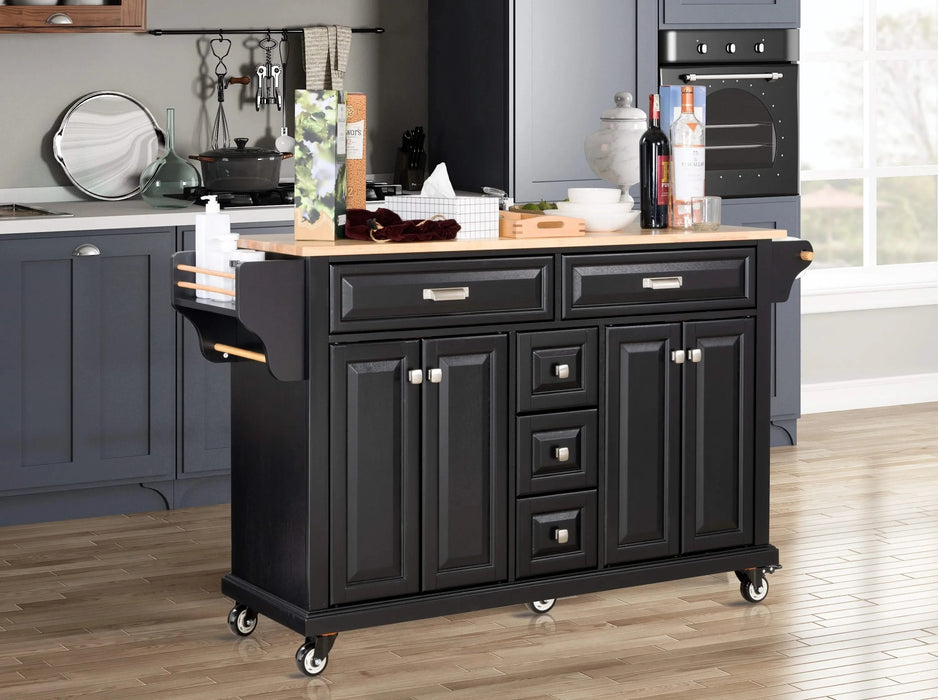 Kitchen Island with Rubber wood Countertop, Kitchen Cart on 5 Wheels with Storage Cabinet and 5 Drawers for Dinning Room, Black Default -DTYStore