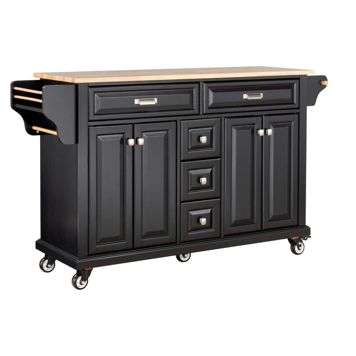Kitchen Island with Rubber wood Countertop, Kitchen Cart on 5 Wheels with Storage Cabinet and 5 Drawers for Dinning Room, Black Default -DTYStore
