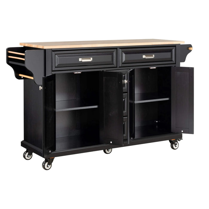 Kitchen Island with Rubber wood Countertop, Kitchen Cart on 5 Wheels with Storage Cabinet and 5 Drawers for Dinning Room, Black Default -DTYStore