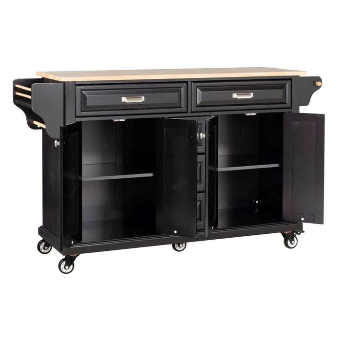Kitchen Island with Rubber wood Countertop, Kitchen Cart on 5 Wheels with Storage Cabinet and 5 Drawers for Dinning Room, Black Default -DTYStore