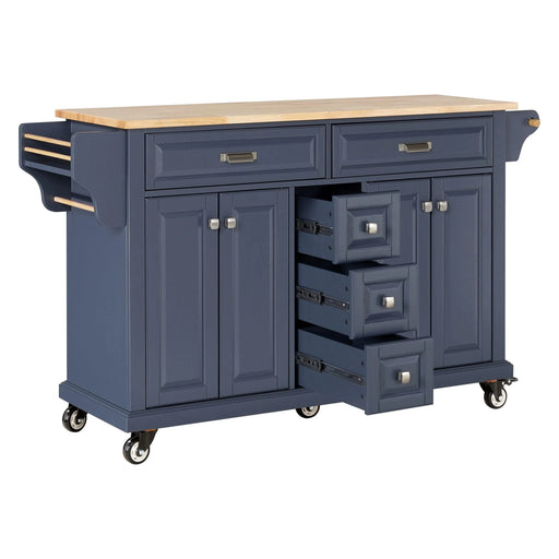 Kitchen Island with Rubber wood Countertop, Kitchen Cart on 5 Wheels with Storage Cabinet and 5 Drawers for Dinning Room, Blue Default -DTYStore