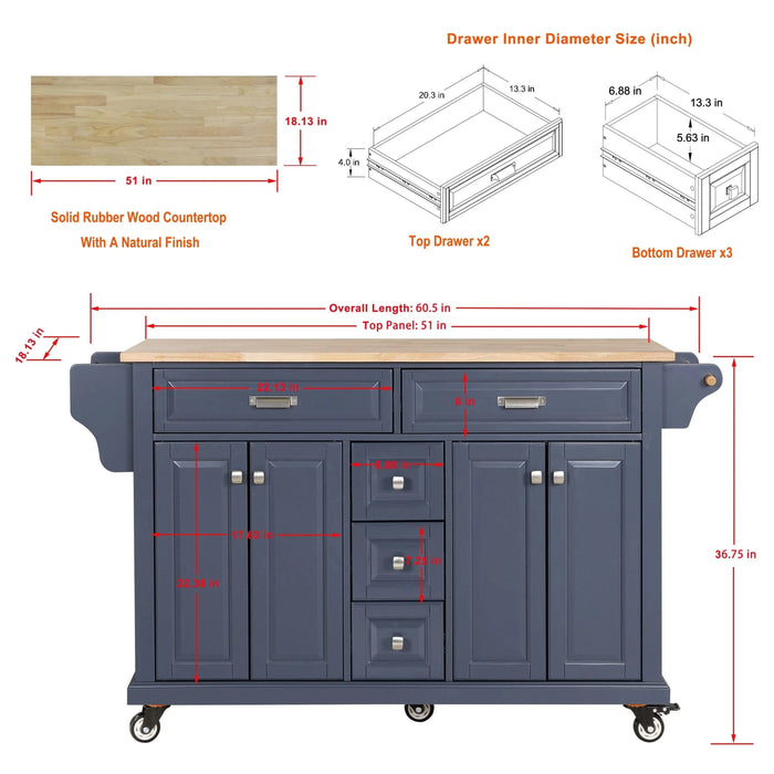 Kitchen Island with Rubber wood Countertop, Kitchen Cart on 5 Wheels with Storage Cabinet and 5 Drawers for Dinning Room, Blue Default -DTYStore