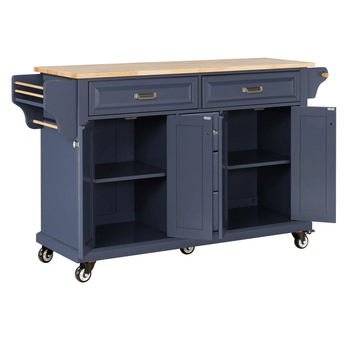 Kitchen Island with Rubber wood Countertop, Kitchen Cart on 5 Wheels with Storage Cabinet and 5 Drawers for Dinning Room, Blue Default -DTYStore