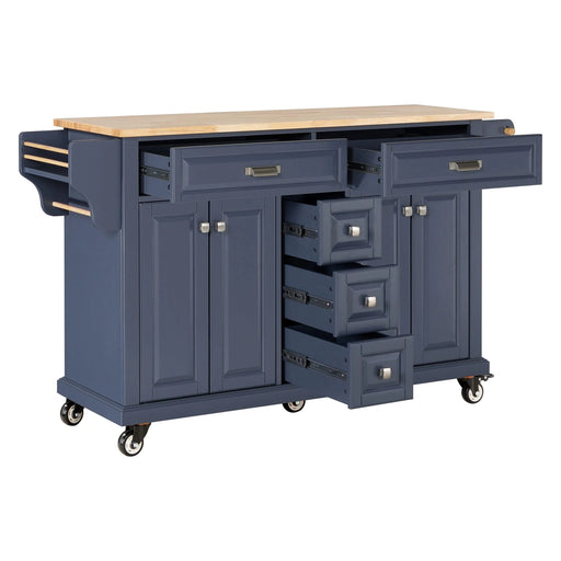 Kitchen Island with Rubber wood Countertop, Kitchen Cart on 5 Wheels with Storage Cabinet and 5 Drawers for Dinning Room, Blue Default -DTYStore