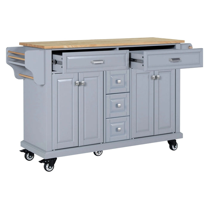 Kitchen Island with Rubber wood Countertop, Kitchen Cart on 5 Wheels with Storage Cabinet and 5 Drawers for Dinning Room, Grey Default -DTYStore