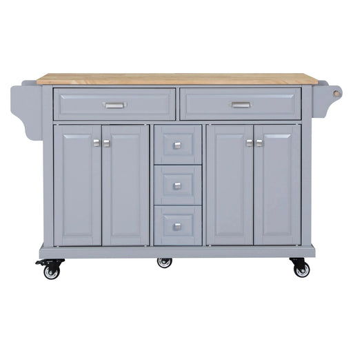 Kitchen Island with Rubber wood Countertop, Kitchen Cart on 5 Wheels with Storage Cabinet and 5 Drawers for Dinning Room, Grey Default -DTYStore