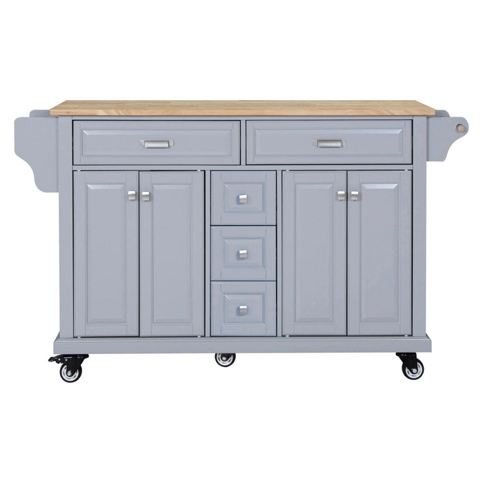 Kitchen Island with Rubber wood Countertop, Kitchen Cart on 5 Wheels with Storage Cabinet and 5 Drawers for Dinning Room, Grey Default -DTYStore