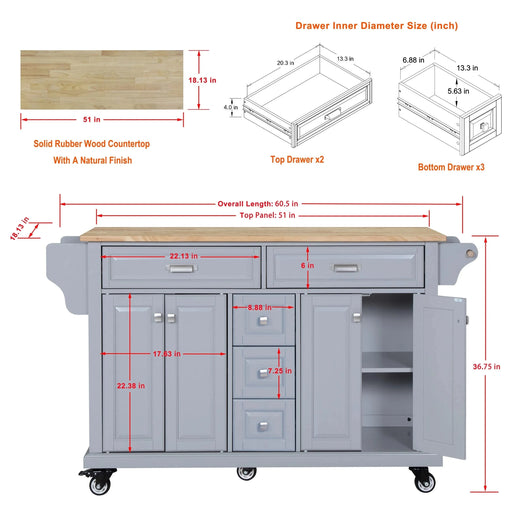 Kitchen Island with Rubber wood Countertop, Kitchen Cart on 5 Wheels with Storage Cabinet and 5 Drawers for Dinning Room, Grey Default -DTYStore