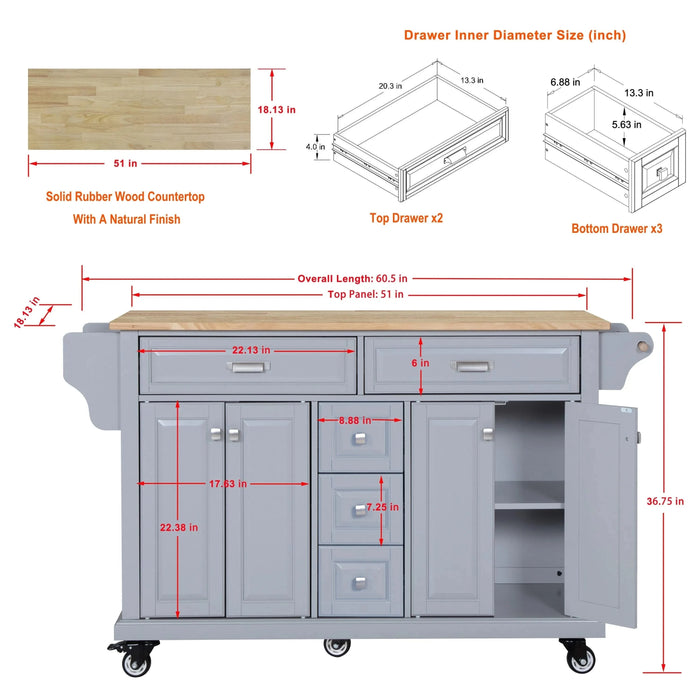 Kitchen Island with Rubber wood Countertop, Kitchen Cart on 5 Wheels with Storage Cabinet and 5 Drawers for Dinning Room, Grey Default -DTYStore