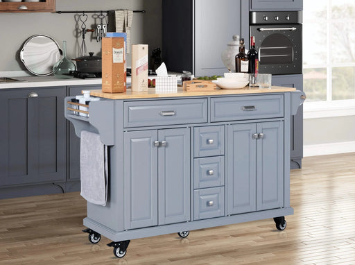 Kitchen Island with Rubber wood Countertop, Kitchen Cart on 5 Wheels with Storage Cabinet and 5 Drawers for Dinning Room, Grey Default -DTYStore