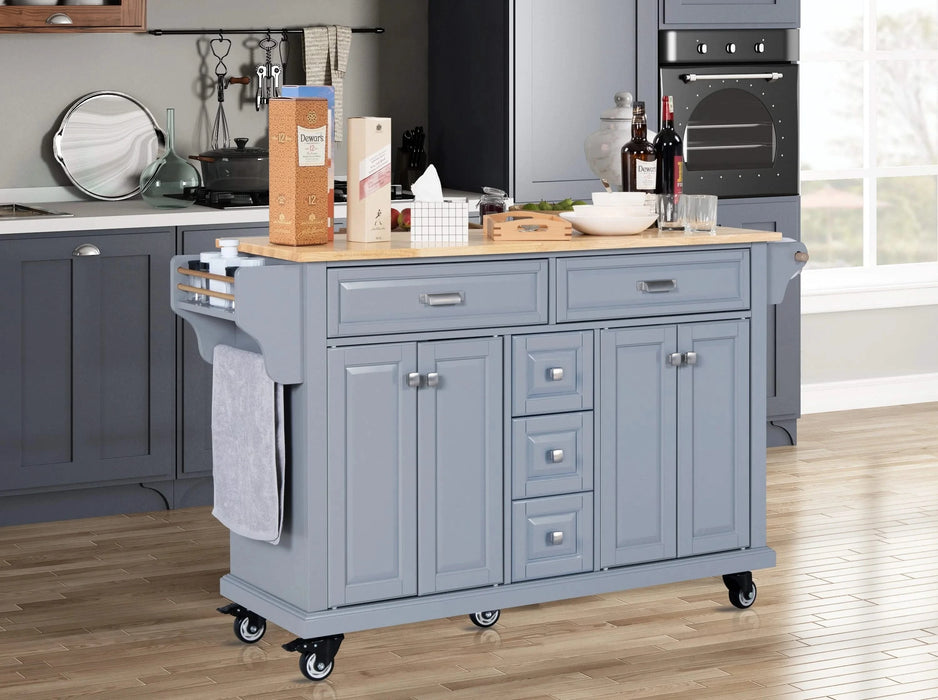 Kitchen Island with Rubber wood Countertop, Kitchen Cart on 5 Wheels with Storage Cabinet and 5 Drawers for Dinning Room, Grey Default -DTYStore