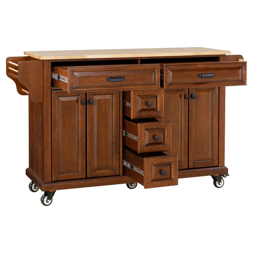 Kitchen Island with Rubber wood Countertop, Kitchen Cart on 5 Wheels with Storage Cabinet and 5 Drawers for Dinning Room, Mahogany Default -DTYStore
