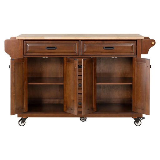 Kitchen Island with Rubber wood Countertop, Kitchen Cart on 5 Wheels with Storage Cabinet and 5 Drawers for Dinning Room, Mahogany Default -DTYStore