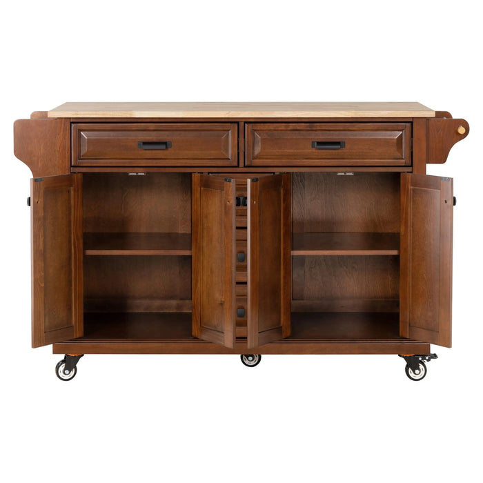 Kitchen Island with Rubber wood Countertop, Kitchen Cart on 5 Wheels with Storage Cabinet and 5 Drawers for Dinning Room, Mahogany Default -DTYStore