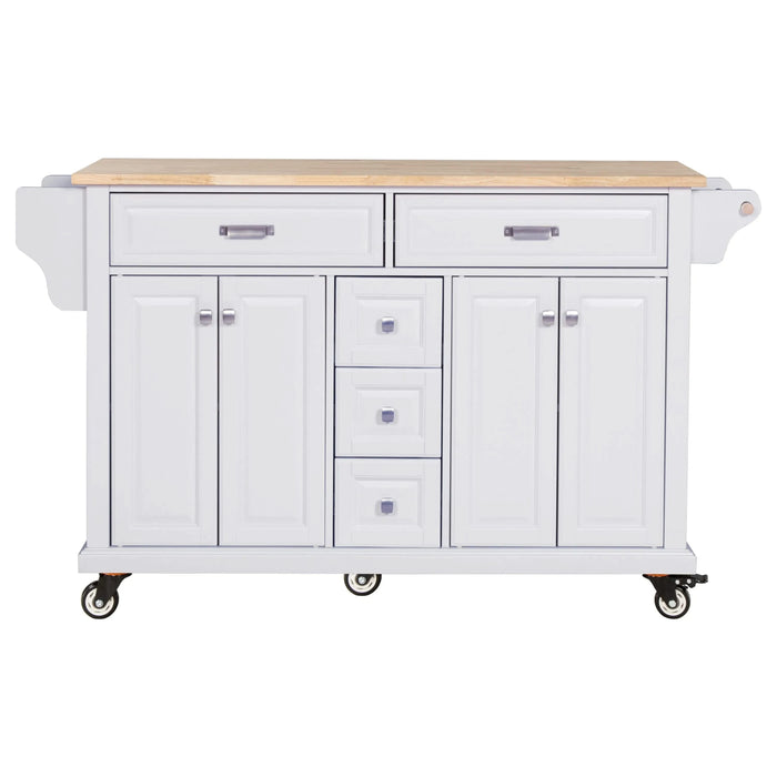 Kitchen Island with Rubber wood Countertop, Kitchen Cart on 5 Wheels with Storage Cabinet and 5 Drawers for Dinning Room, White Default -DTYStore