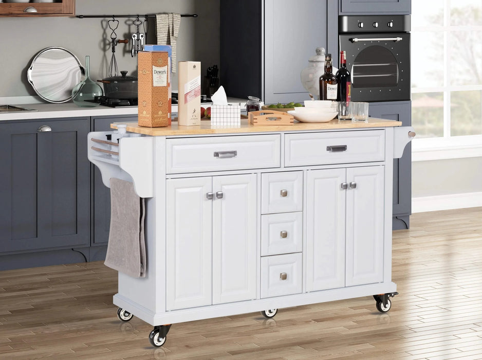 Kitchen Island with Rubber wood Countertop, Kitchen Cart on 5 Wheels with Storage Cabinet and 5 Drawers for Dinning Room, White Default -DTYStore