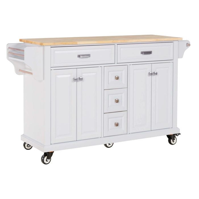 Kitchen Island with Rubber wood Countertop, Kitchen Cart on 5 Wheels with Storage Cabinet and 5 Drawers for Dinning Room, White Default -DTYStore