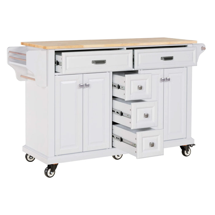 Kitchen Island with Rubber wood Countertop, Kitchen Cart on 5 Wheels with Storage Cabinet and 5 Drawers for Dinning Room, White Default -DTYStore