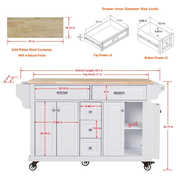 Kitchen Island with Rubber wood Countertop, Kitchen Cart on 5 Wheels with Storage Cabinet and 5 Drawers for Dinning Room, White Default -DTYStore