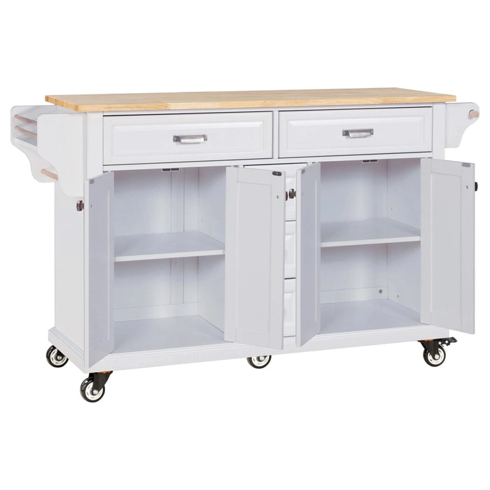 Kitchen Island with Rubber wood Countertop, Kitchen Cart on 5 Wheels with Storage Cabinet and 5 Drawers for Dinning Room, White Default -DTYStore